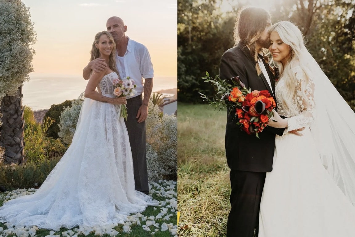 On the left is Dominic Purcell and Tish Cyrus' wedding photo in 2023, and on the right is Billy Ray Cyrus and Firerose's wedding photo in 2023